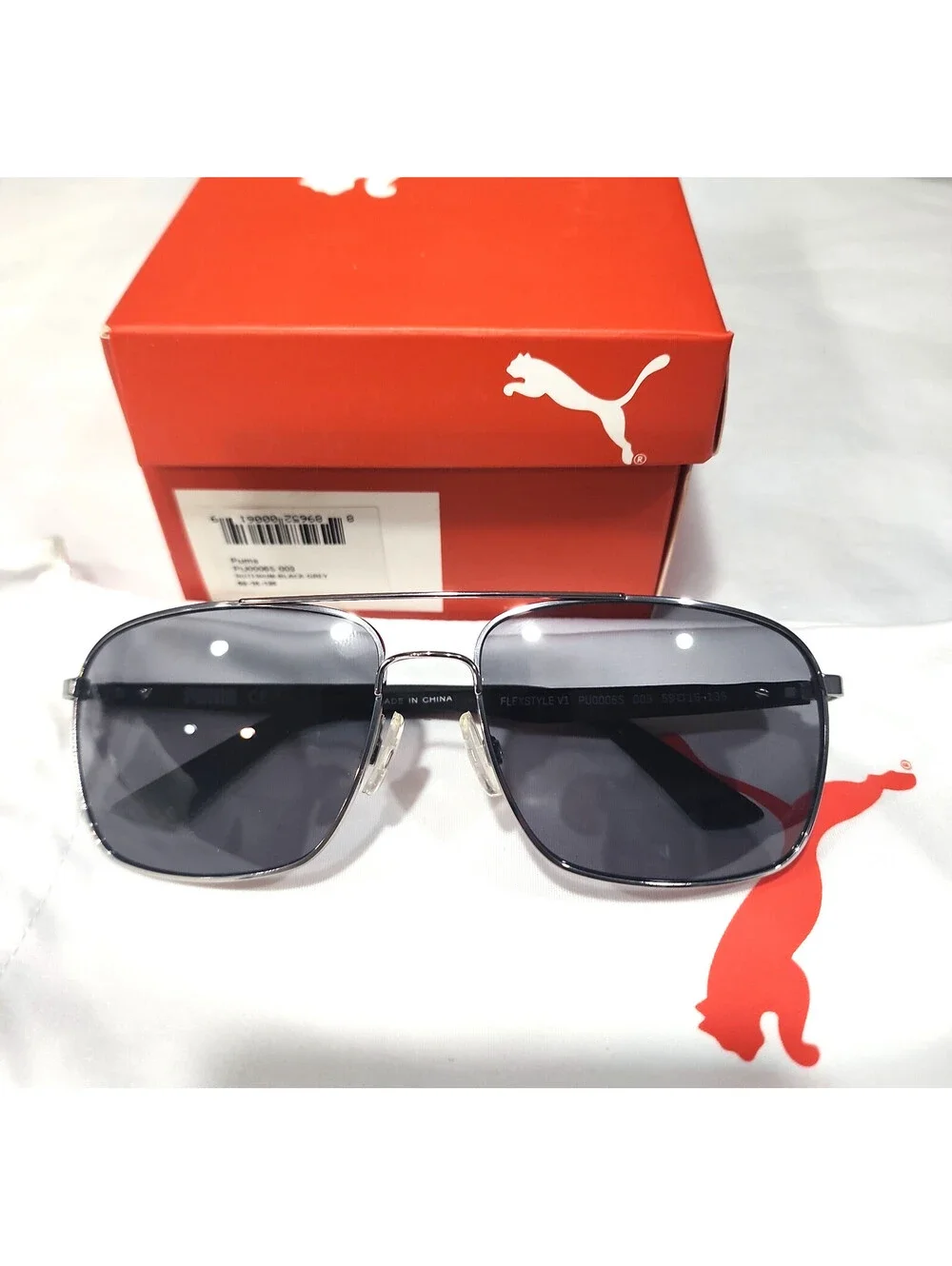 PUMA PU0006S 003 Flexstyle Gunmetal Square Sunglasses 59-16 135 New Box Pouch